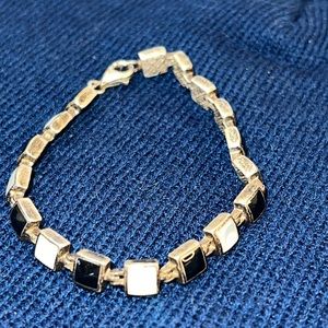 Sterling Silver Bracelet Stamped 925 - with 9 onyx and  8 mother Pearl stones